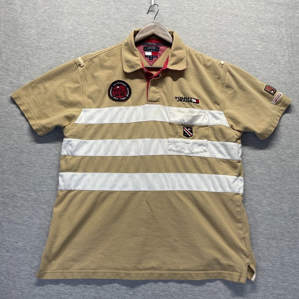 Tommy Hilfiger Polo Shirt Mens Large Tan White Stripes Patch Logo Golf Tennis
